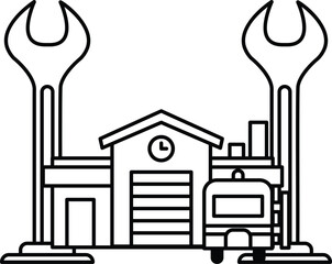 A black and white drawing of a building with a clock on the side