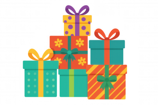 Stack of vibrant gift boxes with bows and ribbons, celebrating birthday, holiday, and special events on transparent background - Powered by Adobe