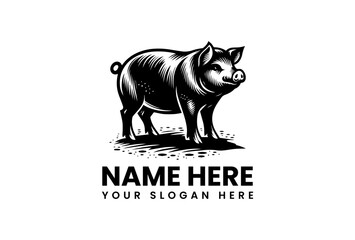 Stylized Black and White Pig Illustration with Detailed Fur Texture.