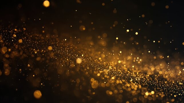 Abstract luxury gold background with gold particles, glitter vintage lights background, Christmas golden light shine particles bokeh on dark background, gold foil texture, holiday concept