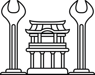 A black and white drawing of a building with a wrench on top of it