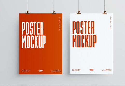 Two Hanging Poster with Clips Mockup on Wall