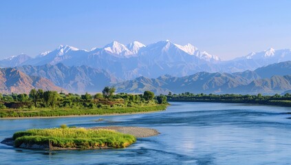 Serene river meandering through a verdant valley, its tranquil waters reflecting the majestic snow-capped mountains in the distance under a clear blue sky