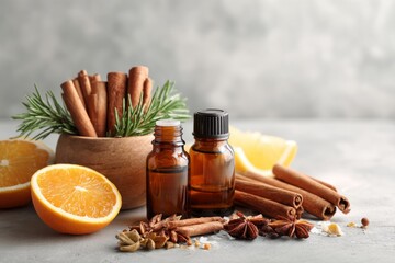 Aromatherapy cinnamon essential oil bottles with spices and herbs on wooden table. concept of aromatherapy wellness. Essential Oils and Aromatherapy for Cold Season, natural wellness