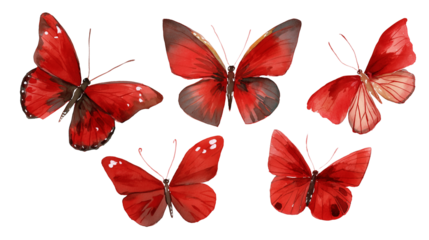 Watercolor red butterflies isolated on transparent background