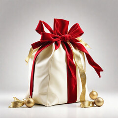 Red Velvet Christmas Gift Bag with Golden Ribbon on White Background