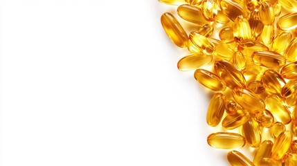 Close-Up of Golden Gel Capsules on White Background for Health Use