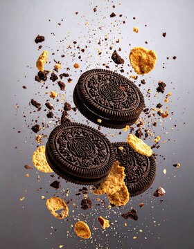 oreo biscuit and crunch floating in the air