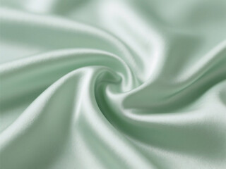 A close up of soft green silk fabric with flowing folds and a gentle swirling pattern in the center