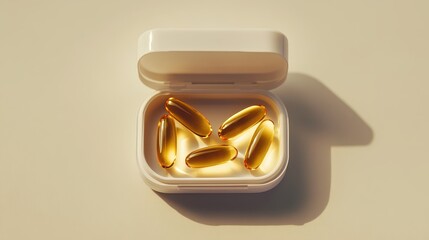 Close-Up of Golden Softgel Capsules in a White Container