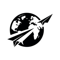 A black and white graphic of a paper airplane flying around a globe with continents visible around it