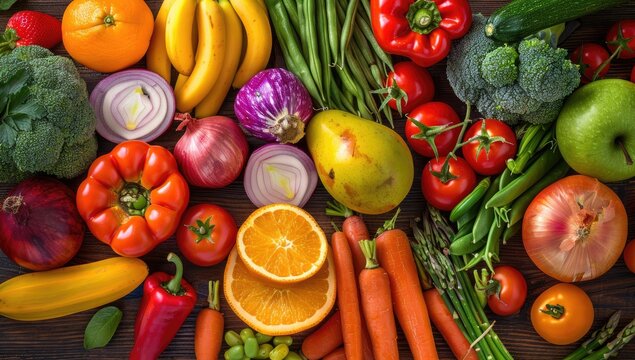 A vibrant, colorful array of fresh fruits and vegetables, artistically arranged on a dark wooden surface, showcasing a healthy and diverse selection of produce