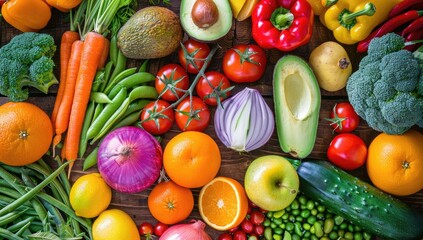 A vibrant overhead shot showcasing an assortment of colorful fruits and vegetables arranged on a rustic wooden surface.  The image emphasizes freshness and variety