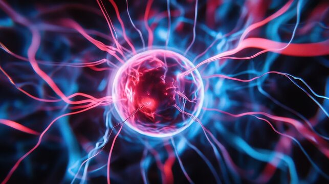 Abstract glowing sphere with red and blue tendrils emanating from it in a dark background - Powered by Adobe