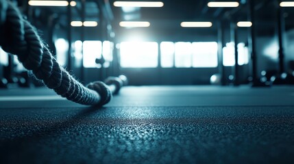 Close-Up of Gym Equipment with Rope on Floor and Soft Lighting