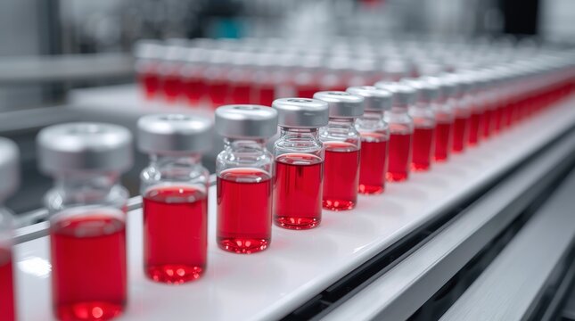 The focus is on a long, dynamic closeup shot of a pharmaceutical production line continuous row of clear glass vials, each filled with a vibrant, deep red liquid.