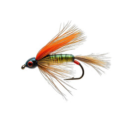 Fly fishing lure,  multi-colored,  with  orange,  tan,  and  green
