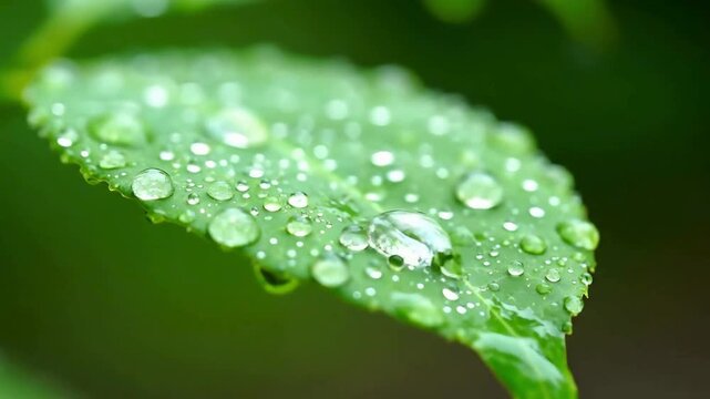 Macro close-up of fresh green leaf with sparkling water drops from rain or morning dew