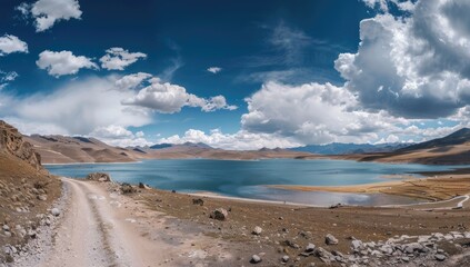 Panoramic view of a serene high-altitude lake nestled amidst rugged mountains under a vibrant, partly cloudy sky. A dirt road leads towards the lake