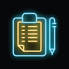 Fototapeta premium Glowing neon icon of a clipboard with a checklist and a pencil, representing planning and organization