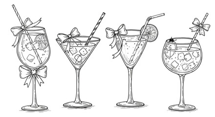 Elegant sketch of festive cocktail glasses adorned with decorative bows and straws