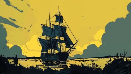 A stylized depiction of a three-masted sailing ship at sunset, silhouetted against a warm yellow sky and calm sea. Small figures are visible on the shore