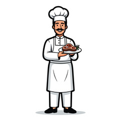 Cartoon chef presenting a delicious steak on a plate in a professional kitchen
