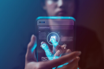Concept of artificial intelligence, futuristic user experience, and virtual assistant technology. Close-up of transparent smartphone screen displaying AI command prompt and digital interface.