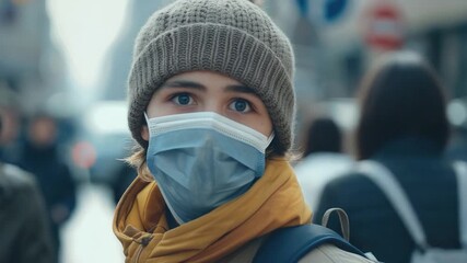 A woman wears a face mask while walking on a city street