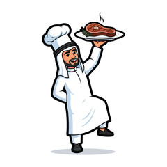 Smiling arab chef presents a delicious steak on a plate in cartoon style vector