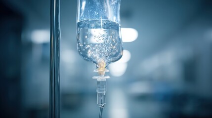 Close-Up of IV Drip Bottle with Fluid and Air Bubbles in Hospital