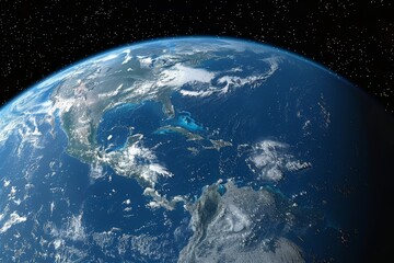 Obraz premium Realistic depiction of earth featuring a vibrant blue atmosphere against a cosmic backdrop