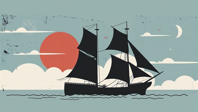A stylized silhouette of a sailing ship at sea, set against a muted background of a large red sun, clouds, and a crescent moon