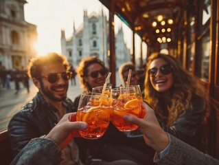 Stylish Friends Toasting with Negronis on Vintage Tram in Milan at Golden Hour, Duomo Spire in Bokeh Background with Vibrant Aperitivo Atmosphere