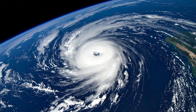Powerful hurricane swirls over the ocean, captured from space, showcasing the raw beauty and destructive power of nature, a reminder of climate change and weather's impact