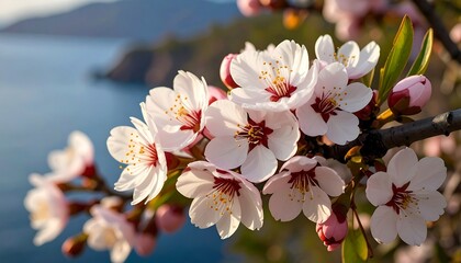 Blossoming almond flowers by the sea