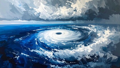 Dramatic swirling hurricane over the ocean evokes feelings of power and impending change, ideal for...