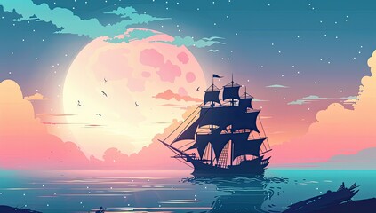 A majestic sailing ship navigates tranquil waters under a large, radiant moon and a pastel sky, creating a serene and dreamy nighttime seascape
