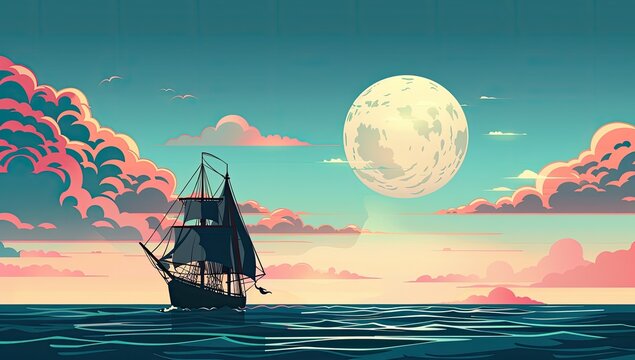 A stylized illustration depicts a sailing ship navigating a calm sea under a large, bright moon and a pastel sky filled with soft clouds