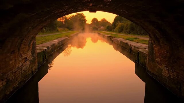 Tranquil sunset view through an old stone arch bridge, reflecting warm hues in the calm water below, surrounded by lush greenery and distant hills, ideal for nature-themed projects