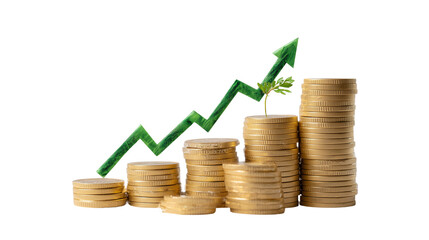 Golden coin stack with green arrow on white isolated on transparent background