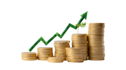 Golden coin stack with green arrow on white isolated on transparent background