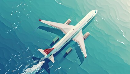 High-angle view of a large passenger plane flying low over a wavy ocean, leaving a wake