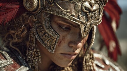 Fototapeta premium Close-Up of a Warrior Woman in Ornate Armor with a Pensive Expression