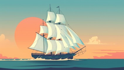 A three-masted sailing ship glides across calm ocean waters at sunset, the large sun a warm orange hue behind it