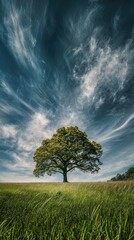 Obraz premium Lonely tree in green field under blue sky with clouds