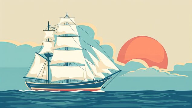 A vintage-style illustration of a three-masted sailing ship navigating a calm sea under a large, setting sun. The color palette is muted and nostalgic - Powered by Adobe