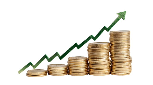 Stack of golden coins with green arrow on white isolated on transparent background