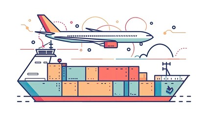 A stylized line drawing depicts a cargo ship laden with containers and an airplane overhead, symbolizing global trade and transportation
