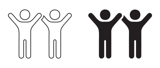 Two people with arms raised icon. isolated on white background in black and white.